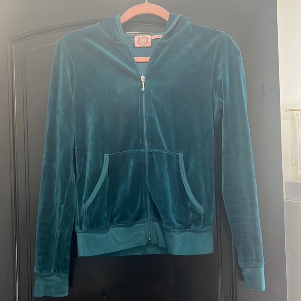 Juicy Couture Teal Turquoise Blue Green Velour Hoodie Jacket Size L